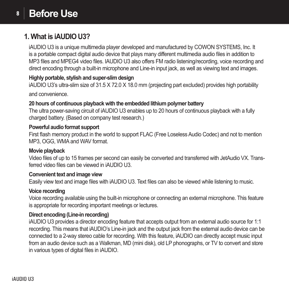 Before use, What is iaudio u3 | Cowon Systems IAUDIO U3 User Manual | Page 8 / 68