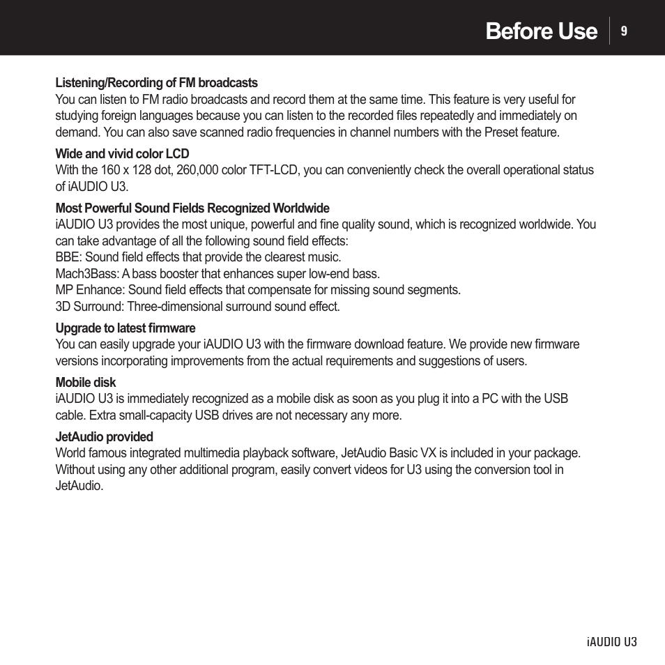 Before use | Cowon Systems IAUDIO U3 User Manual | Page 9 / 68
