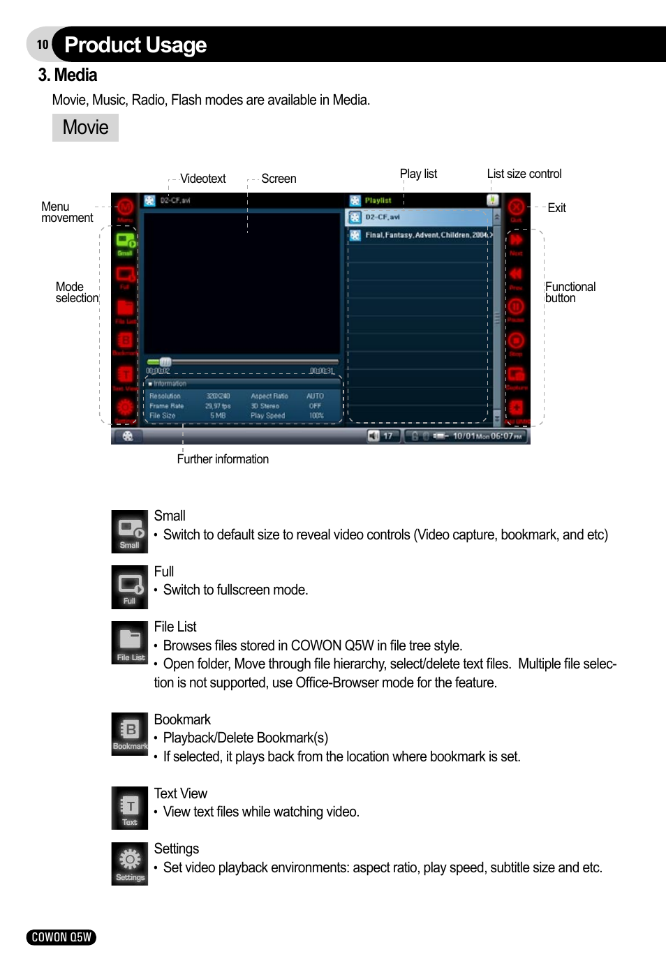 Product usage, Movie, Media | Cowon Systems Q5W User Manual | Page 10 / 30