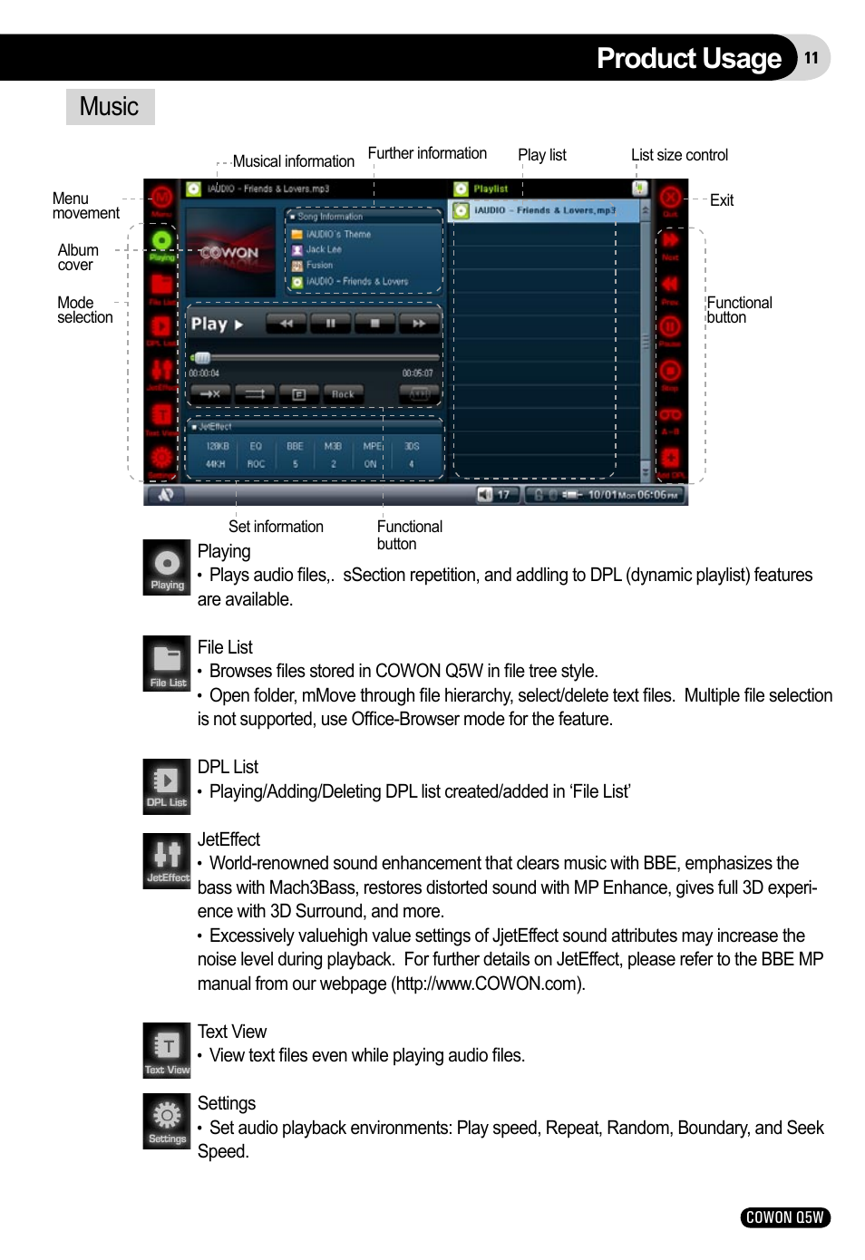 Product usage, Music | Cowon Systems Q5W User Manual | Page 11 / 30