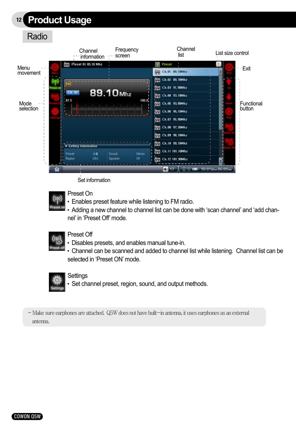 Product usage, Radio | Cowon Systems Q5W User Manual | Page 12 / 30