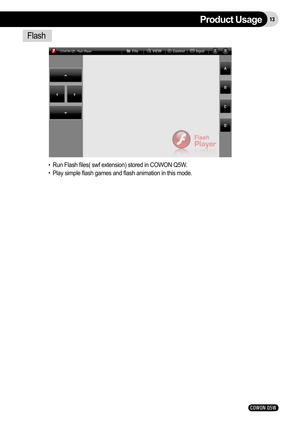 Product usage, Flash | Cowon Systems Q5W User Manual | Page 13 / 30