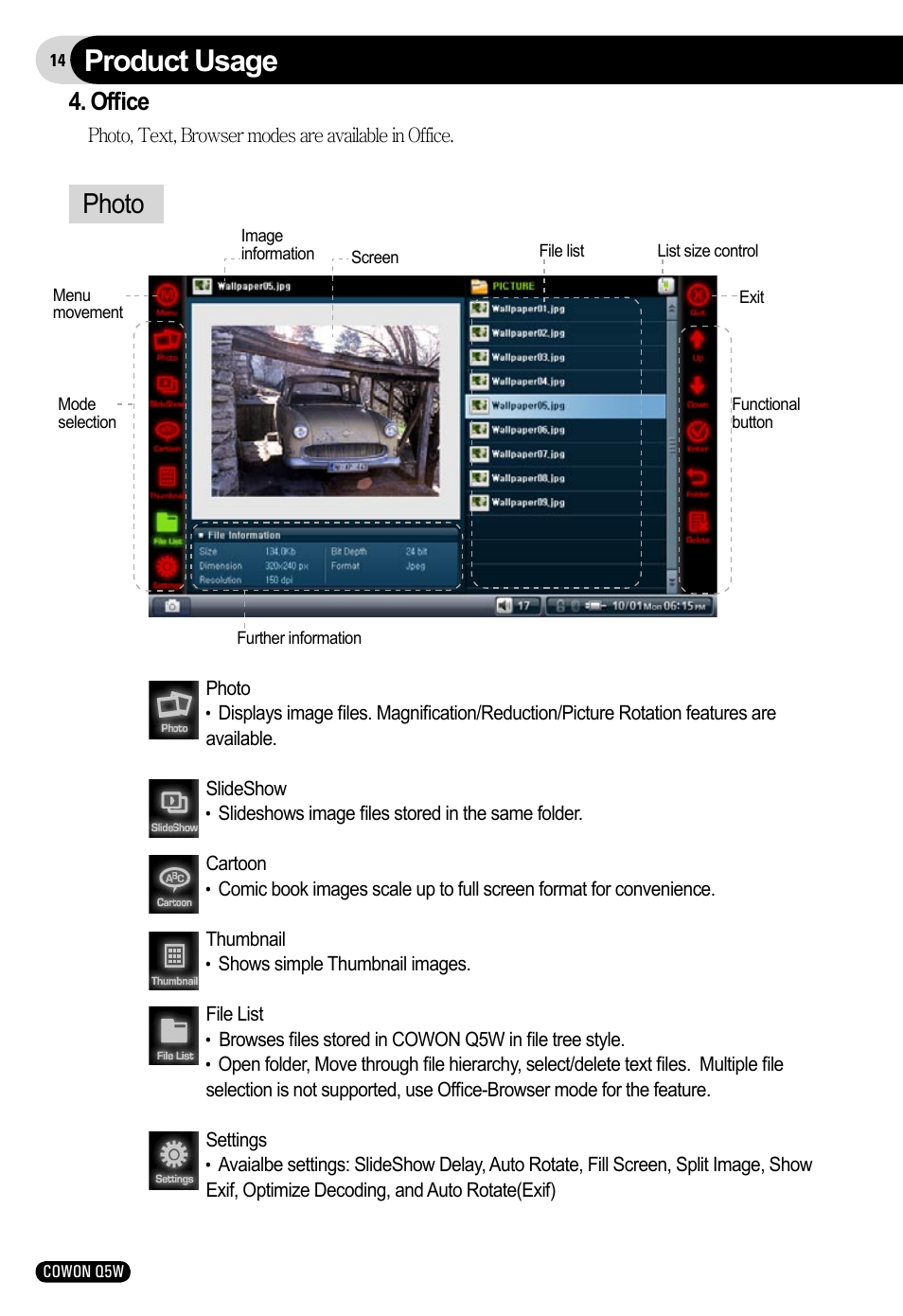 Product usage, Photo, Ofﬁce | Cowon Systems Q5W User Manual | Page 14 / 30
