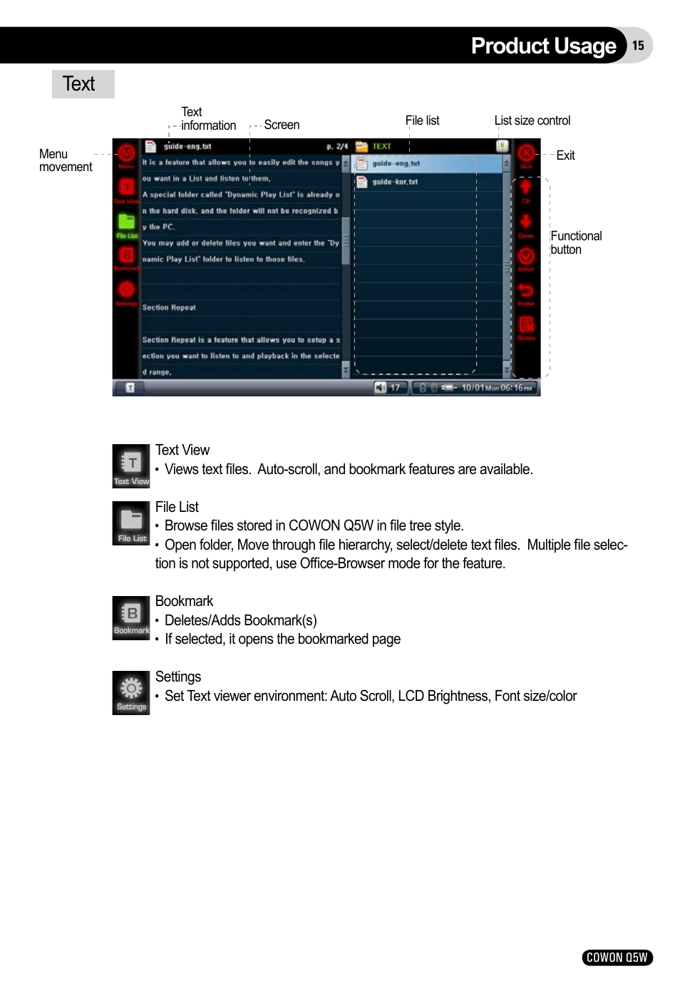 Product usage, Text | Cowon Systems Q5W User Manual | Page 15 / 30