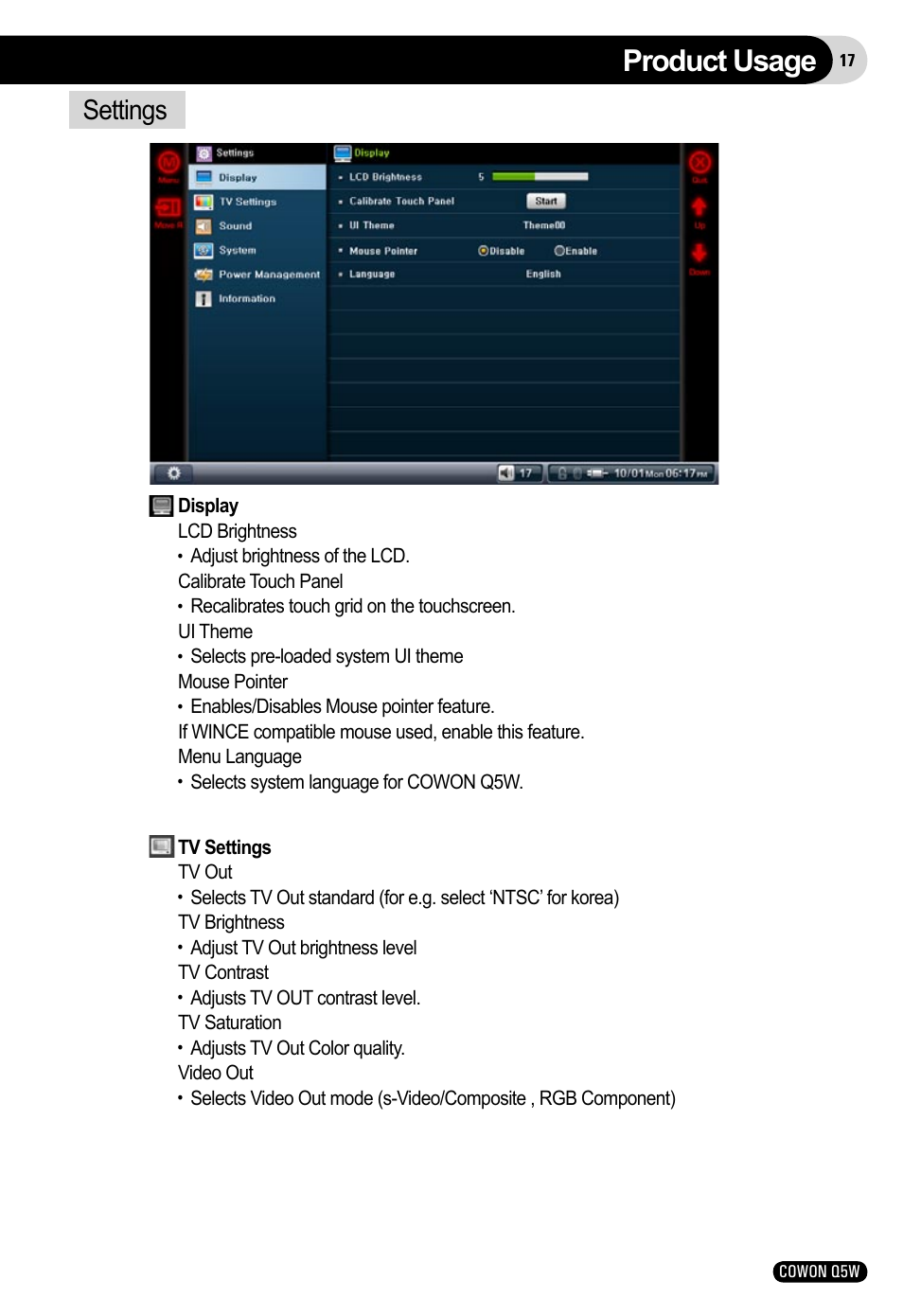 Product usage, Settings | Cowon Systems Q5W User Manual | Page 17 / 30