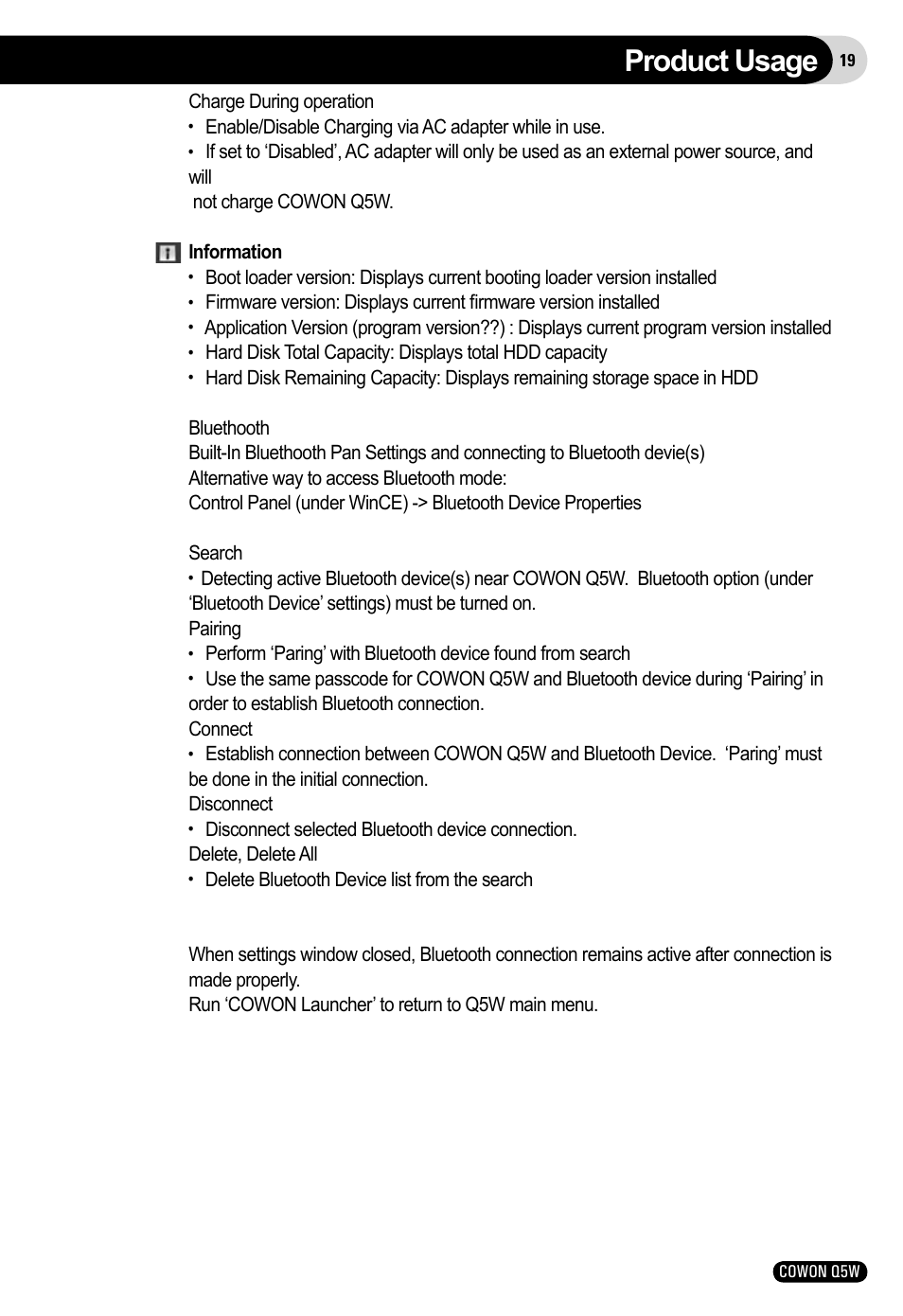 Product usage | Cowon Systems Q5W User Manual | Page 19 / 30