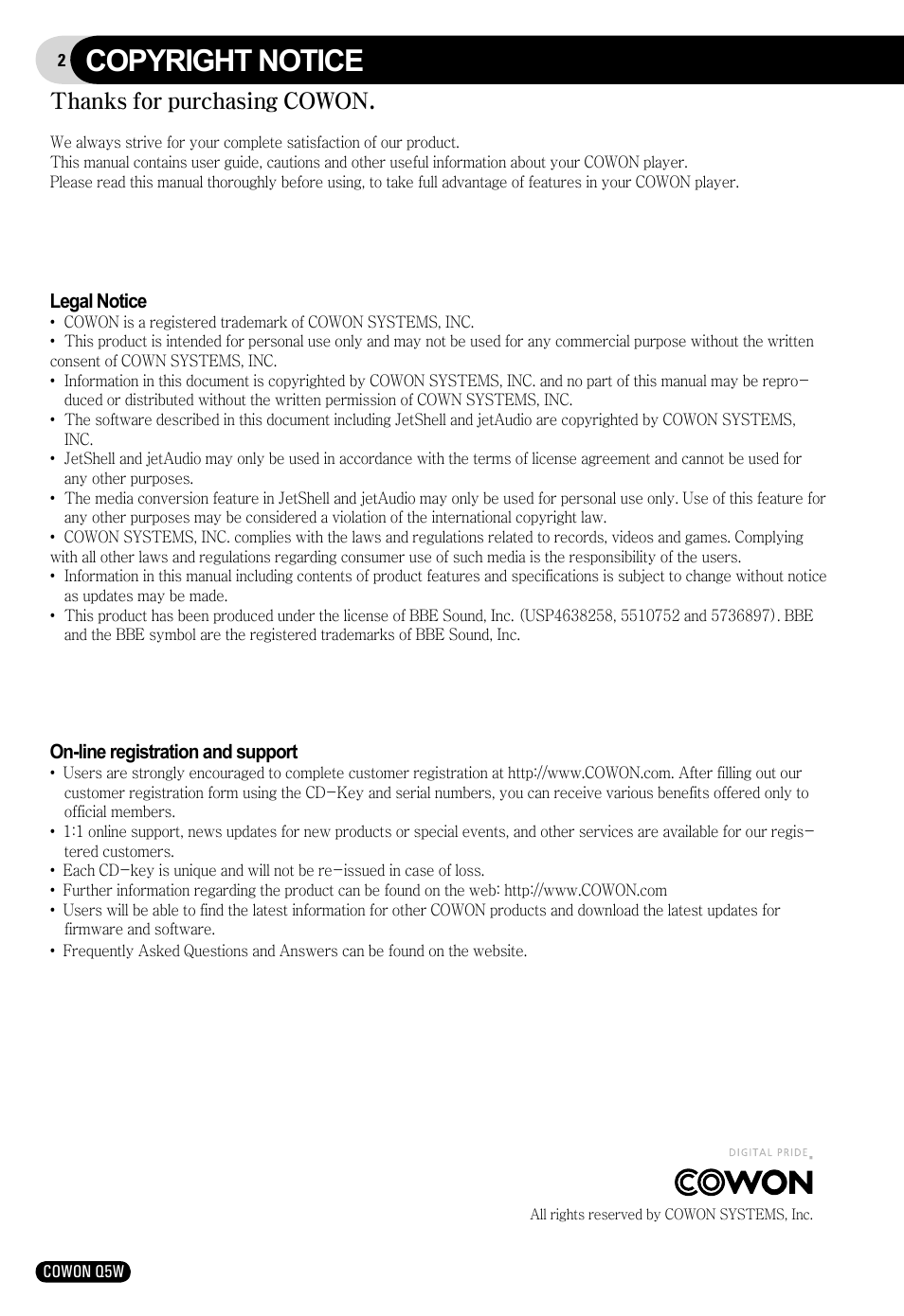 Copyright notice | Cowon Systems Q5W User Manual | Page 2 / 30