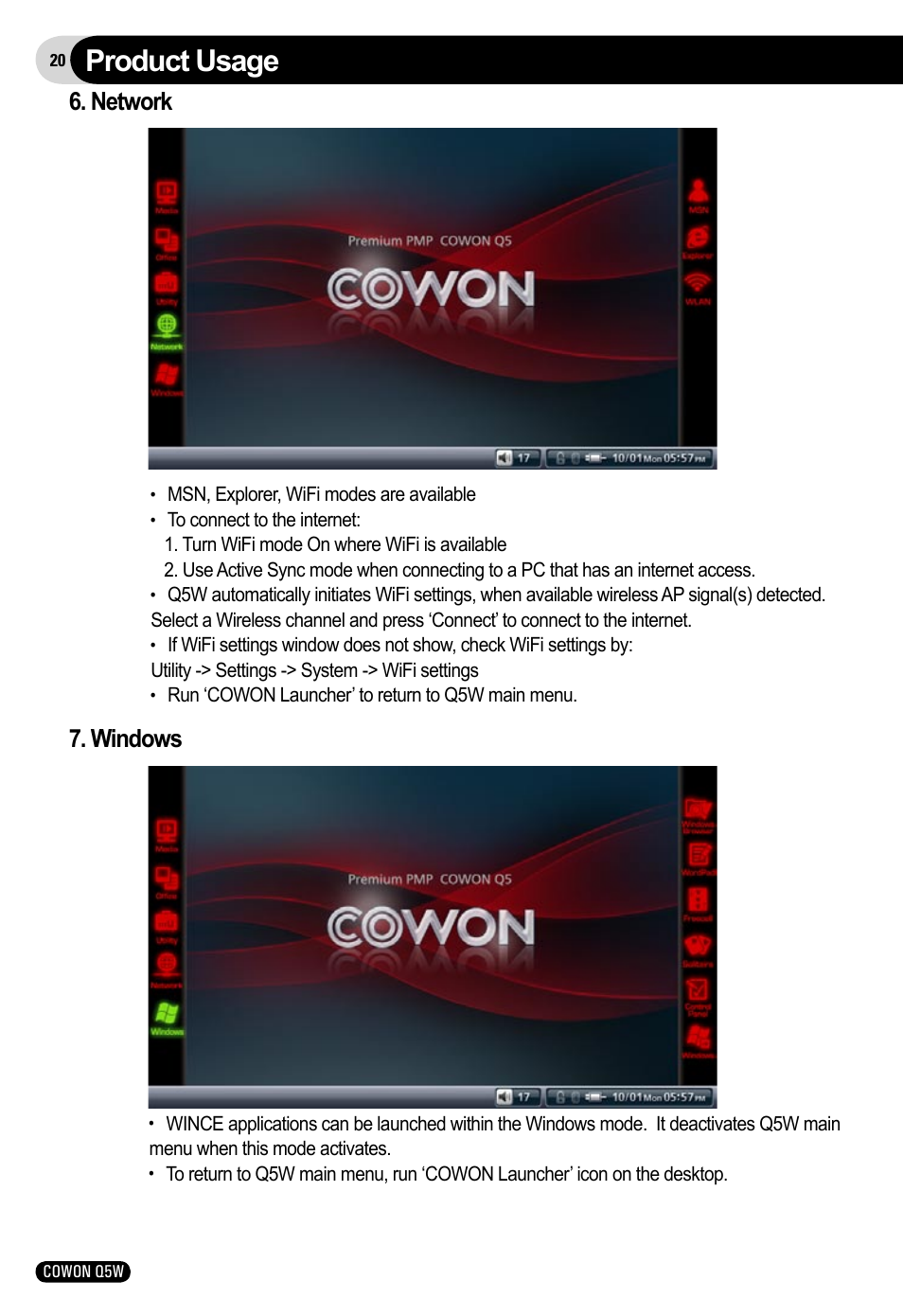 Product usage, Windows, Network | Cowon Systems Q5W User Manual | Page 20 / 30