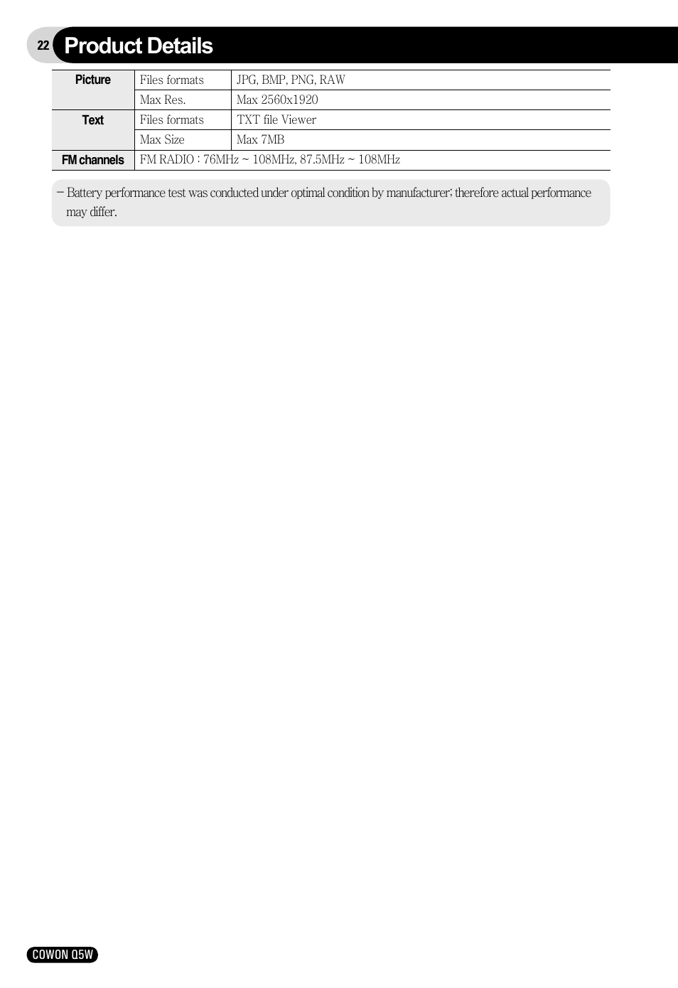 Product details | Cowon Systems Q5W User Manual | Page 22 / 30