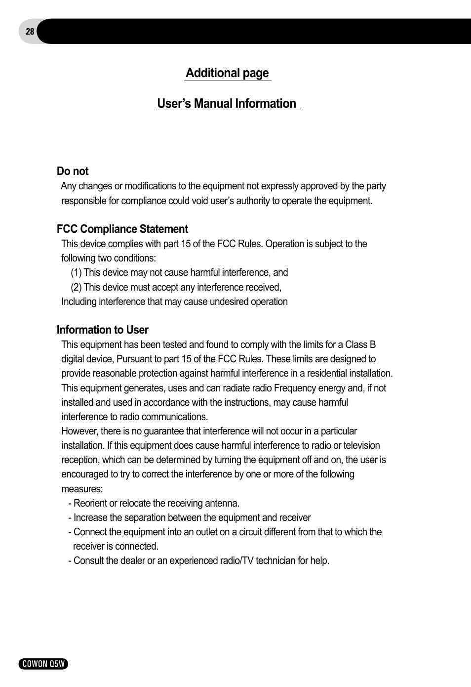 User’s manual information additional page | Cowon Systems Q5W User Manual | Page 28 / 30