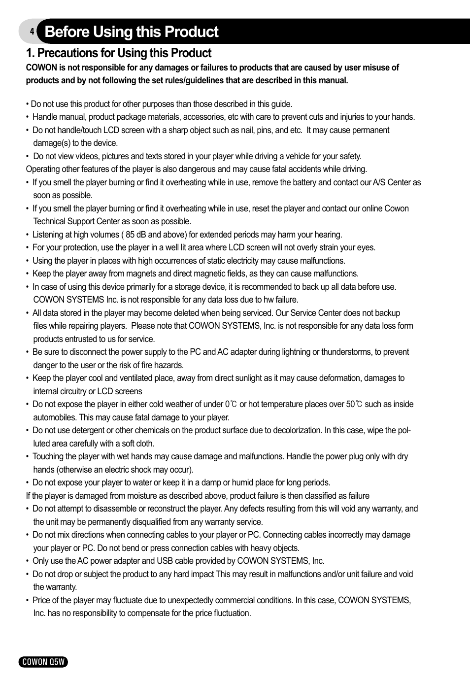 Before using this product, Precautions for using this product | Cowon Systems Q5W User Manual | Page 4 / 30