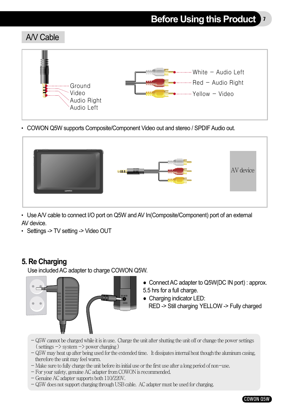 Before using this product, A/v cable, Re charging | Cowon Systems Q5W User Manual | Page 7 / 30
