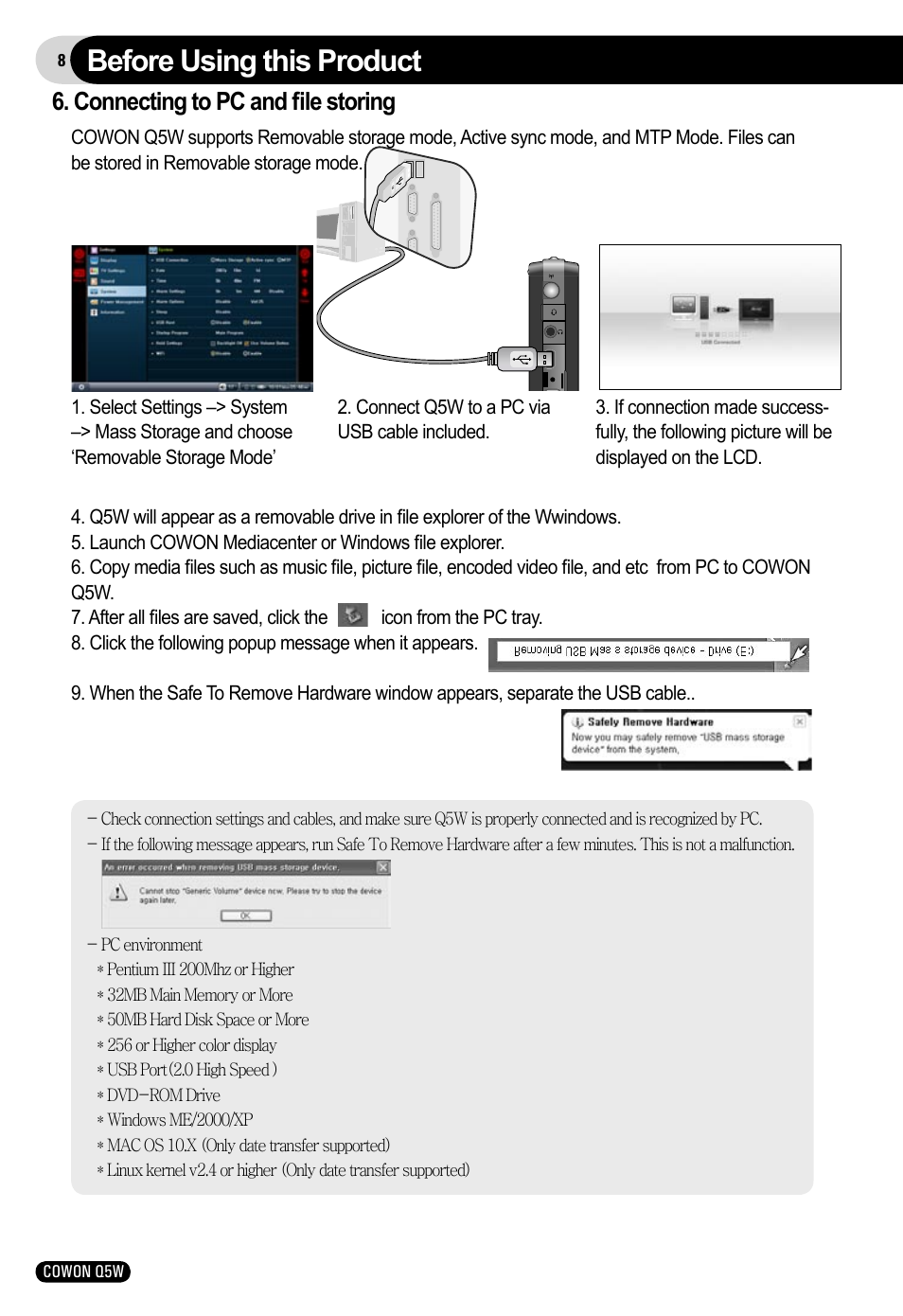 Before using this product, Connecting to pc and ﬁle storing | Cowon Systems Q5W User Manual | Page 8 / 30