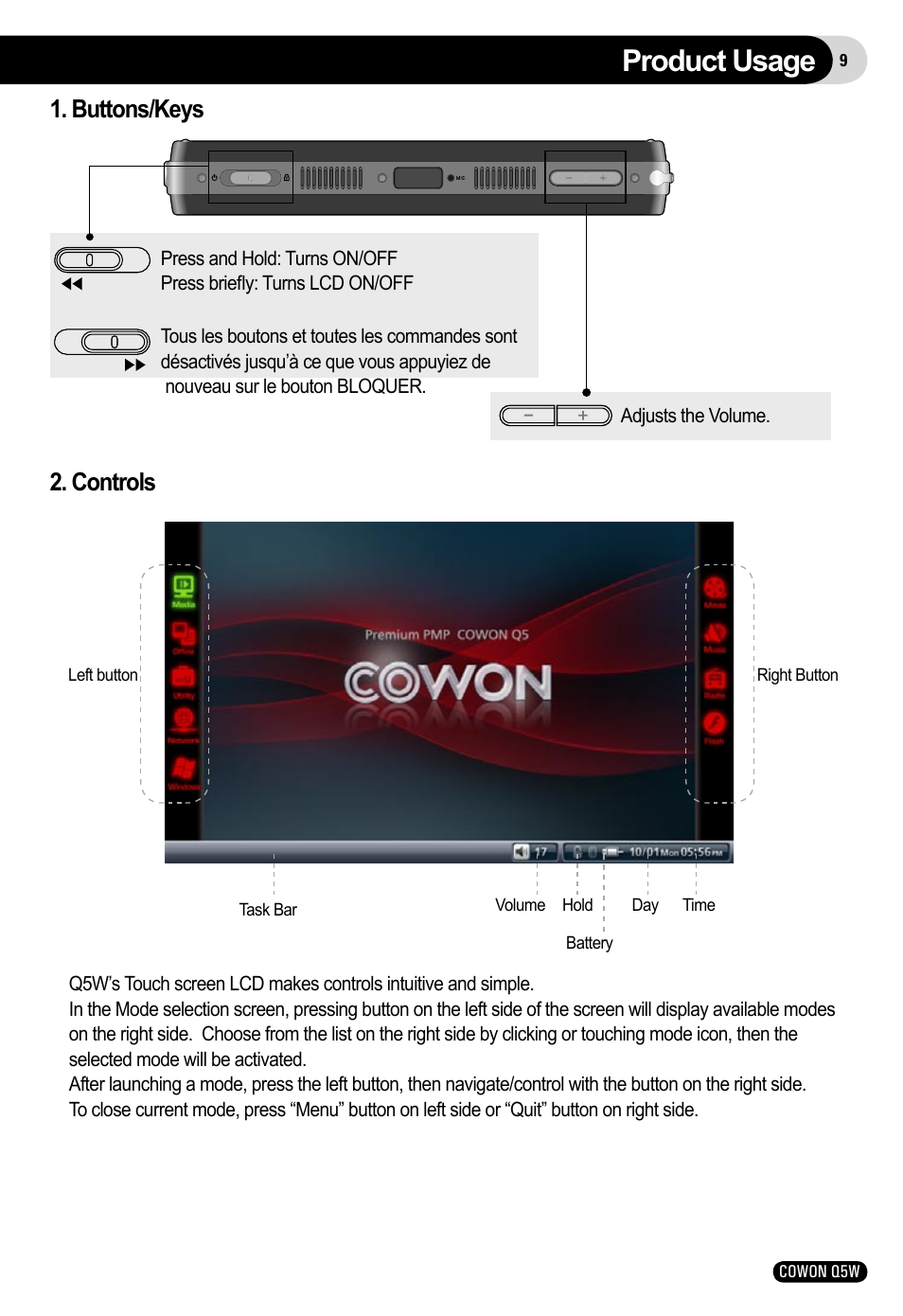 Product usage, Buttons/keys, Controls | Cowon Systems Q5W User Manual | Page 9 / 30
