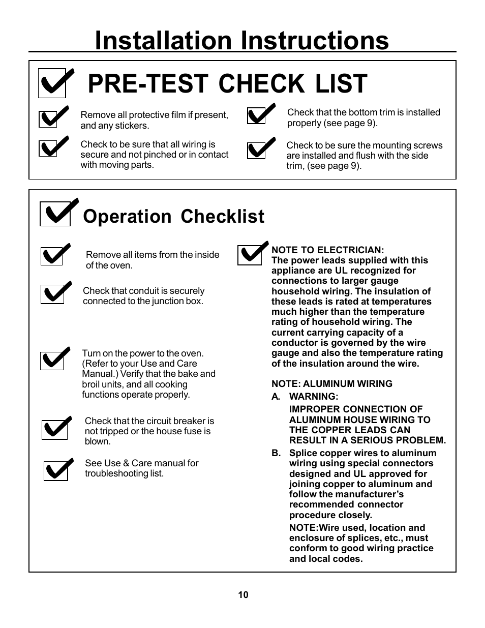 Installation instructions pre-test check list, Operation checklist | Cowon Systems JKP85 User Manual | Page 10 / 12