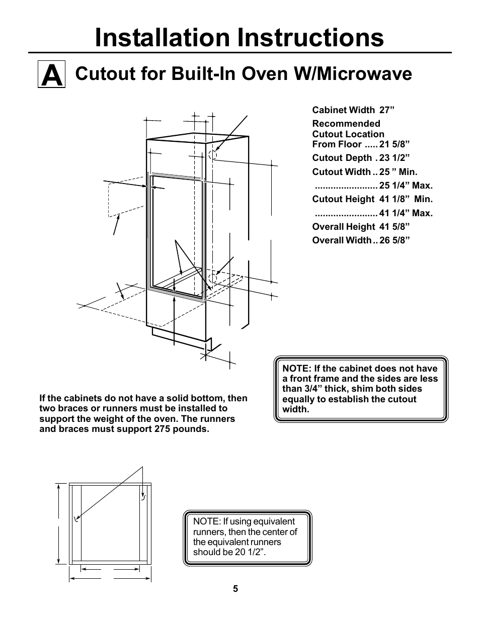 Installation instructions, Cutout for built-in oven w/microwave | Cowon Systems JKP85 User Manual | Page 5 / 12