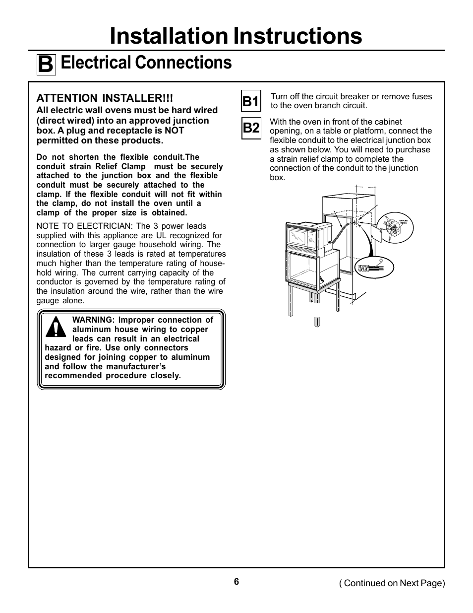 Installation instructions b, Electrical connections, B1 b2 | Attention installer | Cowon Systems JKP85 User Manual | Page 6 / 12