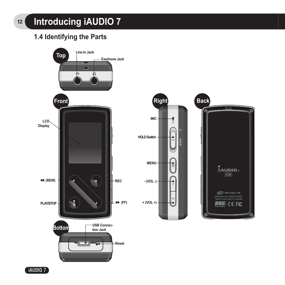 Introducing iaudio 7, 4 identifying the parts, Bottom top front right back | Cowon Systems 7 User Manual | Page 12 / 48