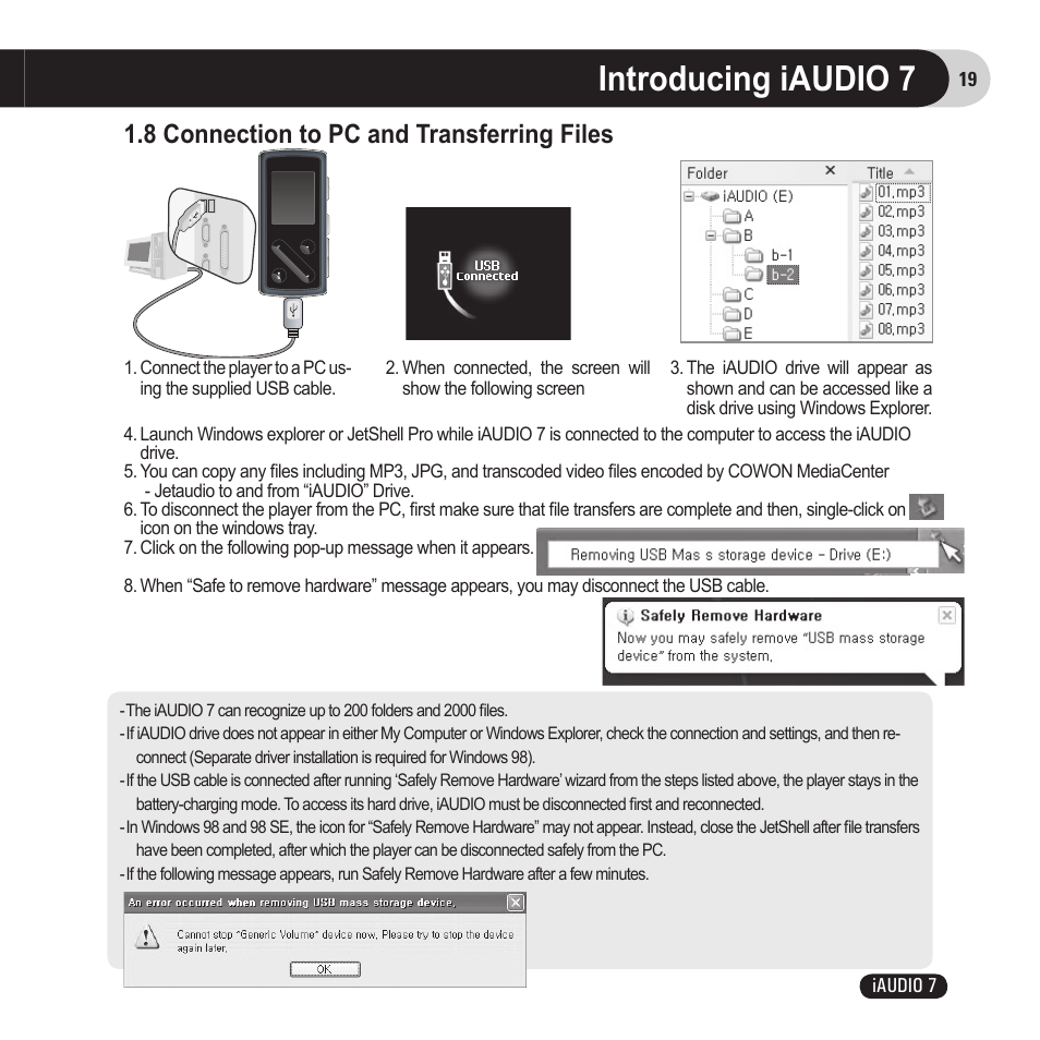 Introducing iaudio 7, 8 connection to pc and transferring files | Cowon Systems 7 User Manual | Page 19 / 48