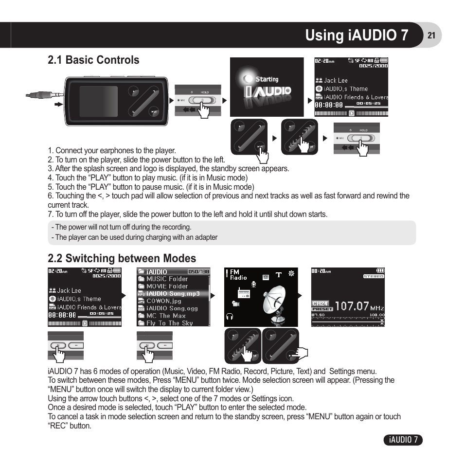 Using iaudio 7, 1 basic controls, 2 switching between modes | Cowon Systems 7 User Manual | Page 21 / 48