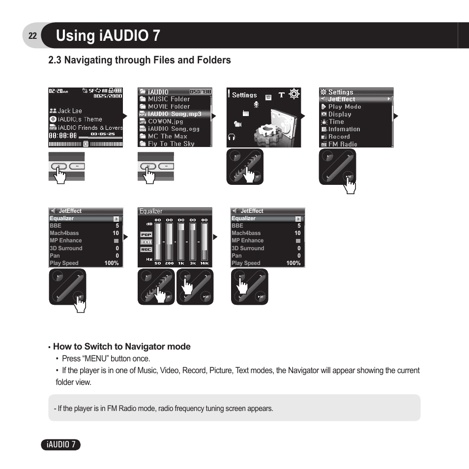 Using iaudio 7, 3 navigating through files and folders, 22 iaudio 7 | How to switch to navigator mode | Cowon Systems 7 User Manual | Page 22 / 48