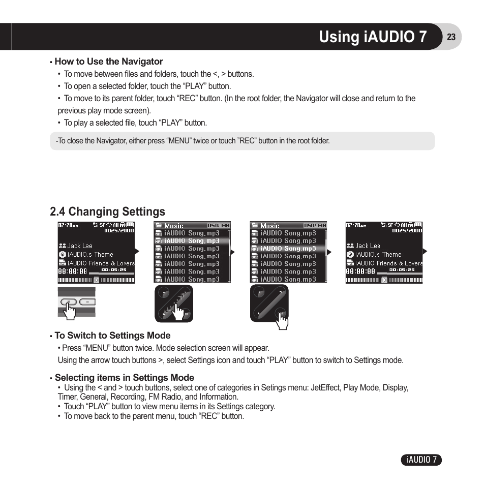 Using iaudio 7, 4 changing settings | Cowon Systems 7 User Manual | Page 23 / 48