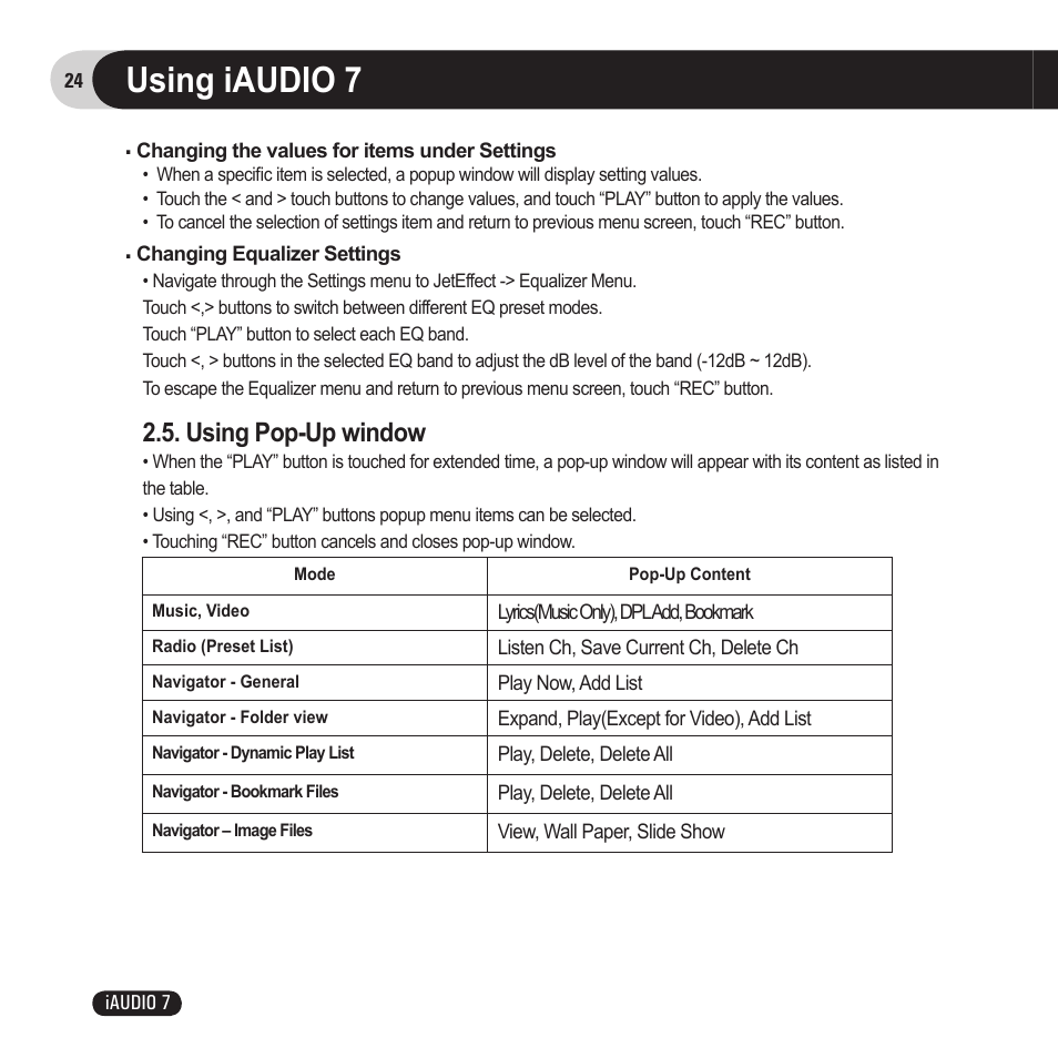 Using iaudio 7, Using pop-up window | Cowon Systems 7 User Manual | Page 24 / 48