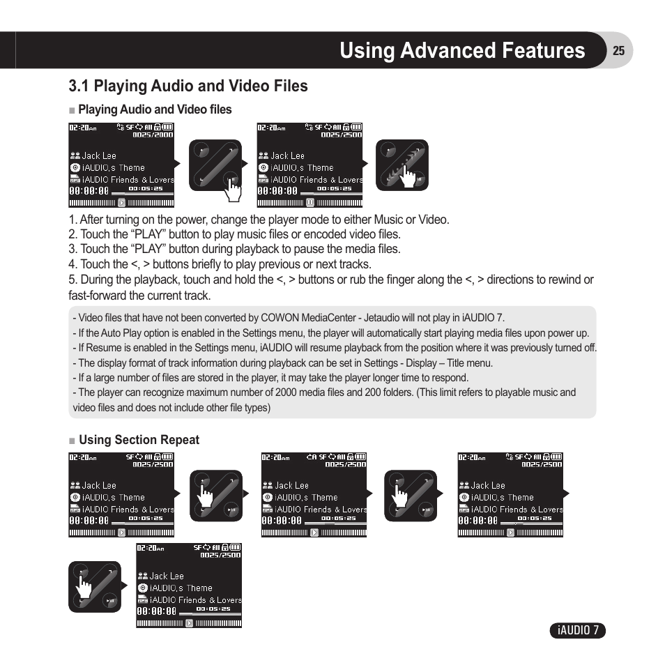 Using advanced features, 1 playing audio and video files | Cowon Systems 7 User Manual | Page 25 / 48