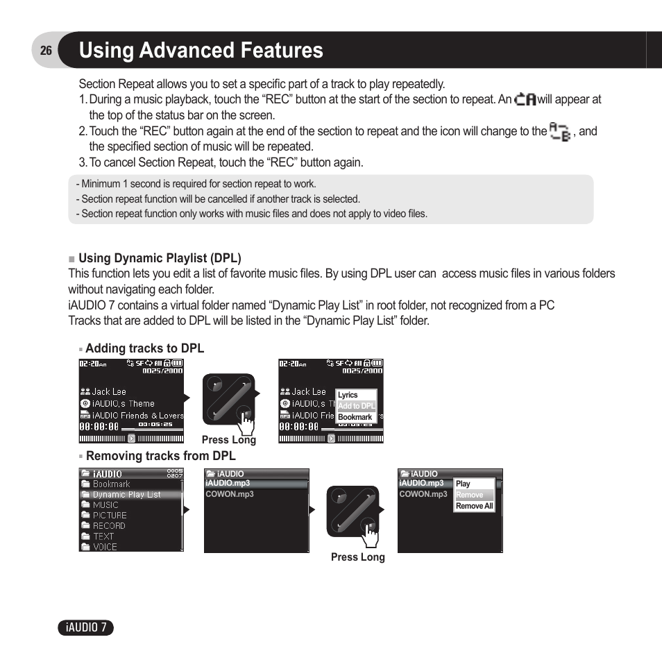 Using advanced features | Cowon Systems 7 User Manual | Page 26 / 48