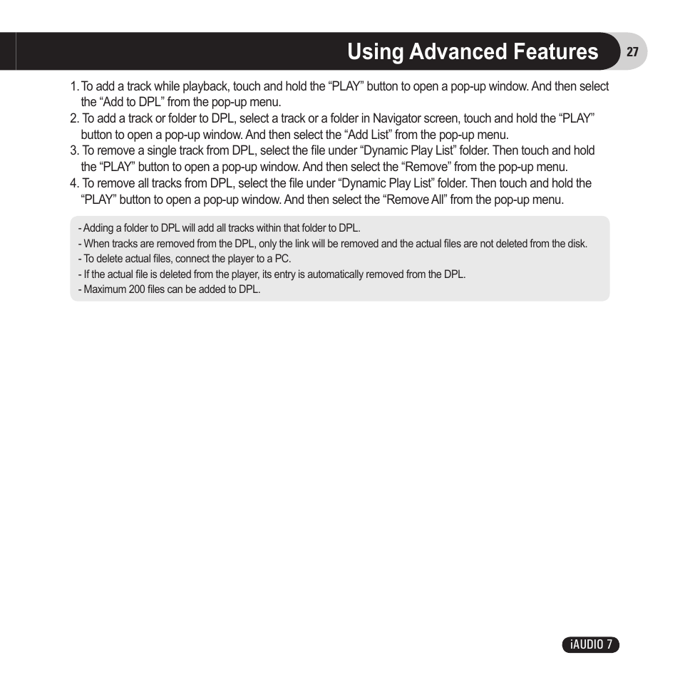 Using advanced features | Cowon Systems 7 User Manual | Page 27 / 48