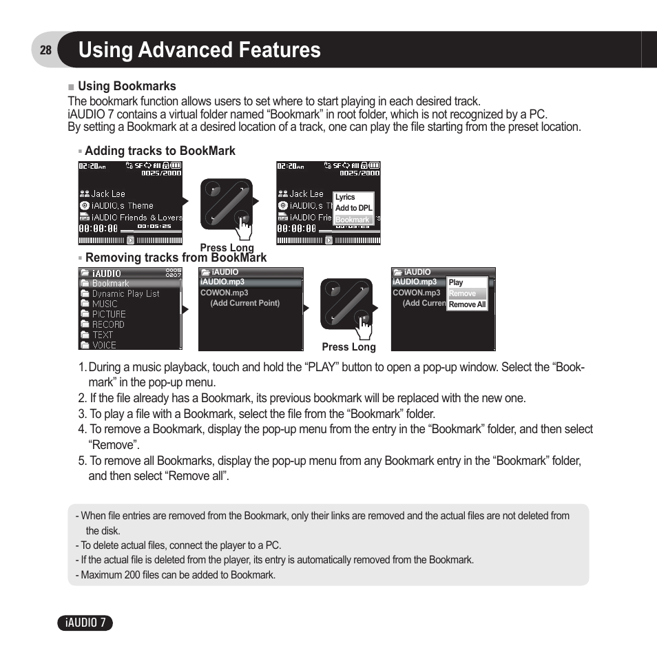 Using advanced features | Cowon Systems 7 User Manual | Page 28 / 48