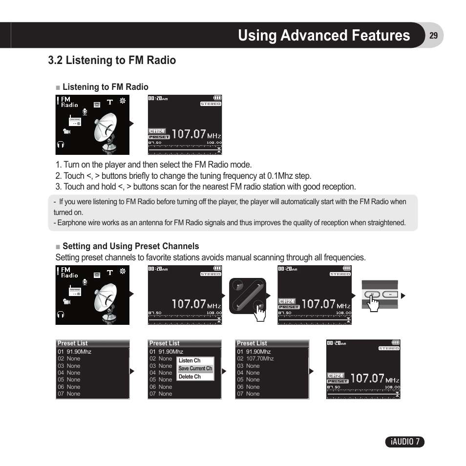 Using advanced features, 2 listening to fm radio | Cowon Systems 7 User Manual | Page 29 / 48