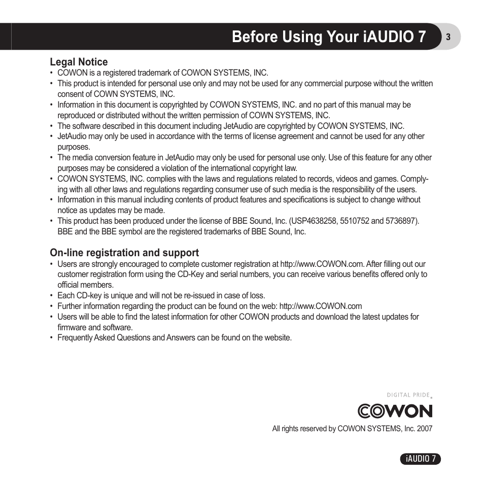 Before using your iaudio 7, Legal notice, On-line registration and support | Cowon Systems 7 User Manual | Page 3 / 48