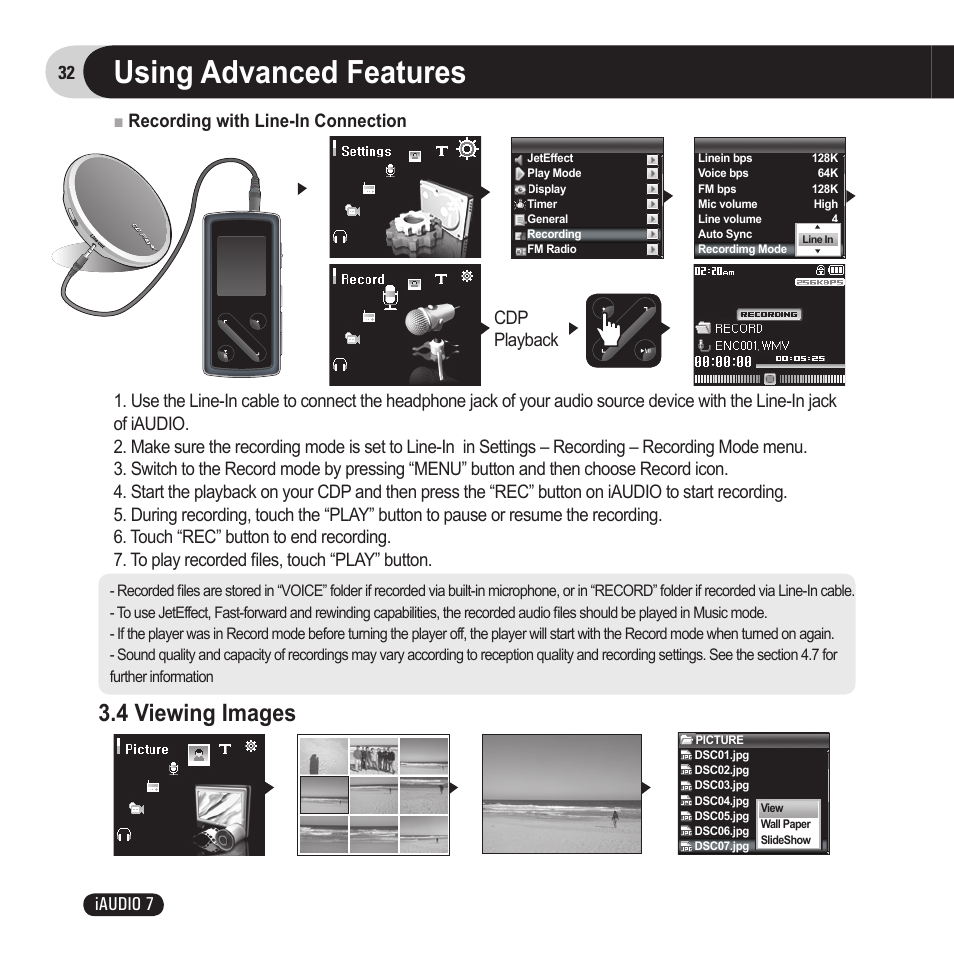 Using advanced features, 4 viewing images, 32 iaudio 7 | Cdp playback | Cowon Systems 7 User Manual | Page 32 / 48