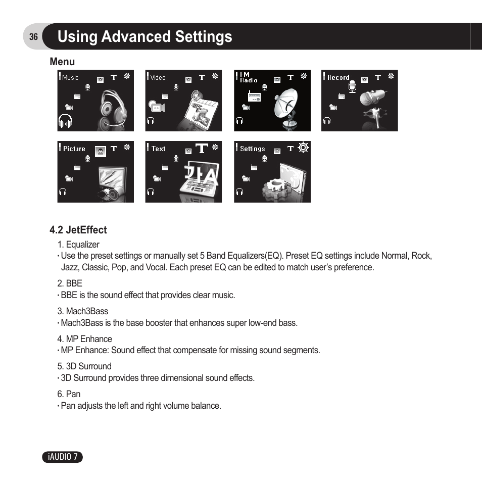 Using advanced settings, Menu 4.2 jeteffect | Cowon Systems 7 User Manual | Page 36 / 48