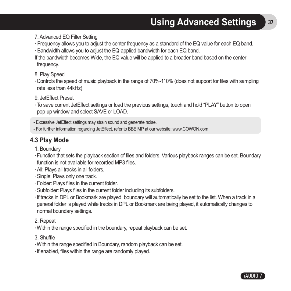 Using advanced settings, 3 play mode | Cowon Systems 7 User Manual | Page 37 / 48