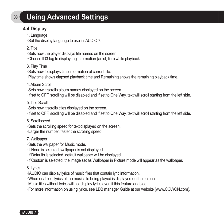 Using advanced settings, 4 display, 38 iaudio 7 | Language, Sets how it scrolls titles displayed on the screen, Sets the wallpaper for music mode, If none is selected, wallpaper is not displayed | Cowon Systems 7 User Manual | Page 38 / 48