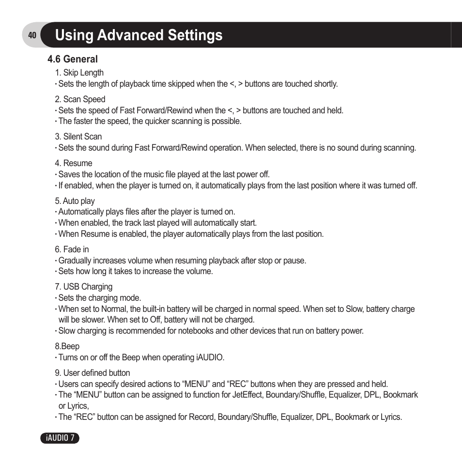 Using advanced settings, 6 general, 40 iaudio 7 | Skip length, Sets the charging mode | Cowon Systems 7 User Manual | Page 40 / 48