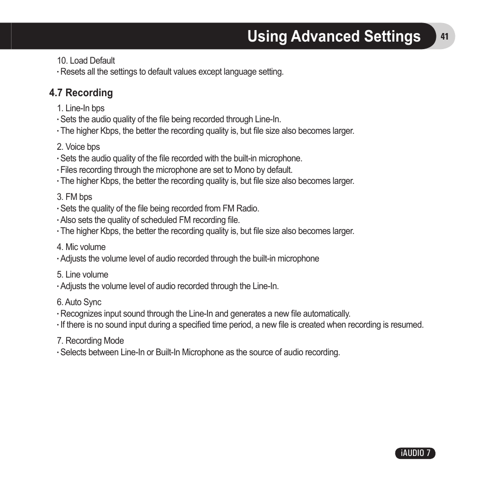 Using advanced settings, 7 recording, 41 iaudio 7 1. line-in bps | Load default | Cowon Systems 7 User Manual | Page 41 / 48