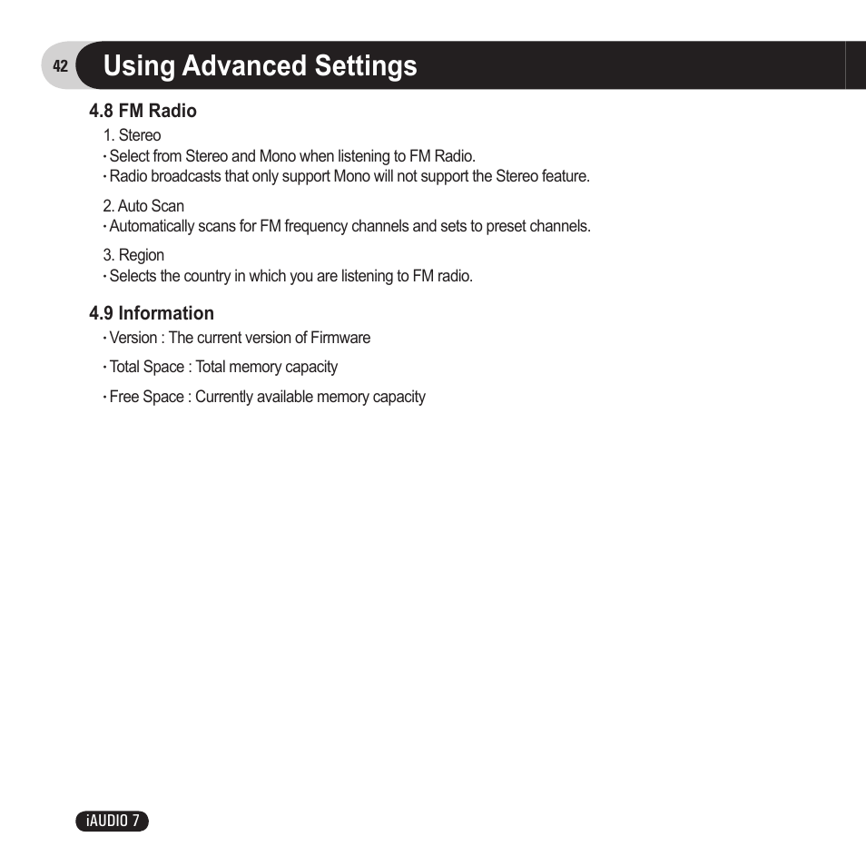 Using advanced settings, 8 fm radio, 9 information | Cowon Systems 7 User Manual | Page 42 / 48