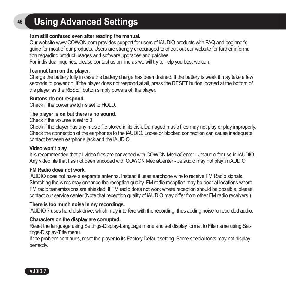 Using advanced settings | Cowon Systems 7 User Manual | Page 46 / 48