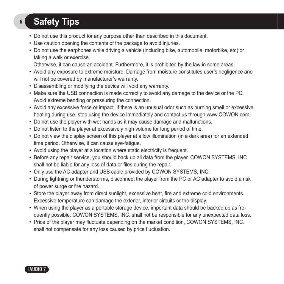 Safety tips | Cowon Systems 7 User Manual | Page 6 / 48