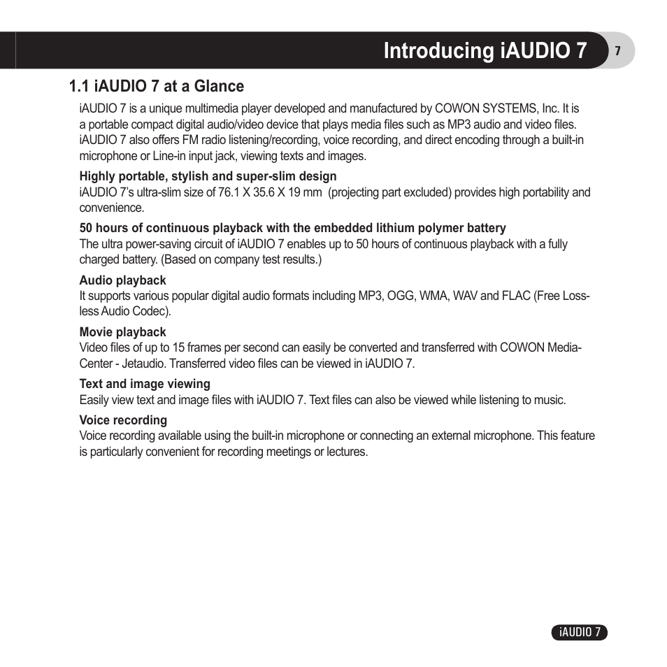 Introducing iaudio 7, 1 iaudio 7 at a glance | Cowon Systems 7 User Manual | Page 7 / 48