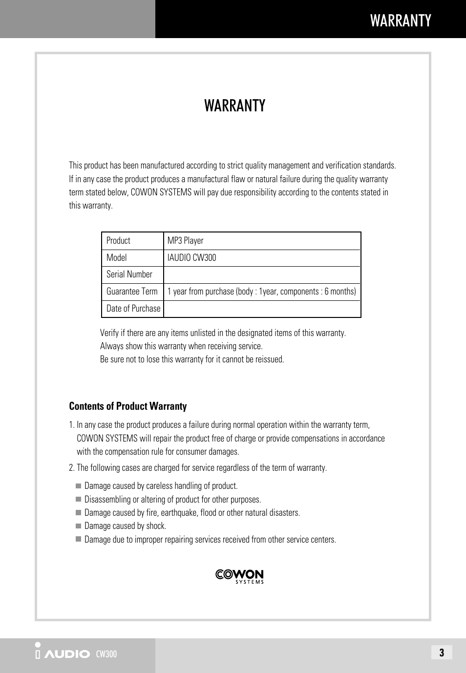 Warranty | Cowon Systems CW300 User Manual | Page 3 / 56