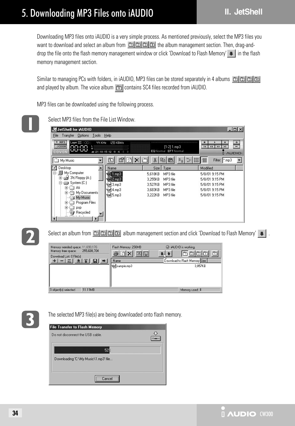 Downloading mp3 files onto iaudio | Cowon Systems CW300 User Manual | Page 34 / 56