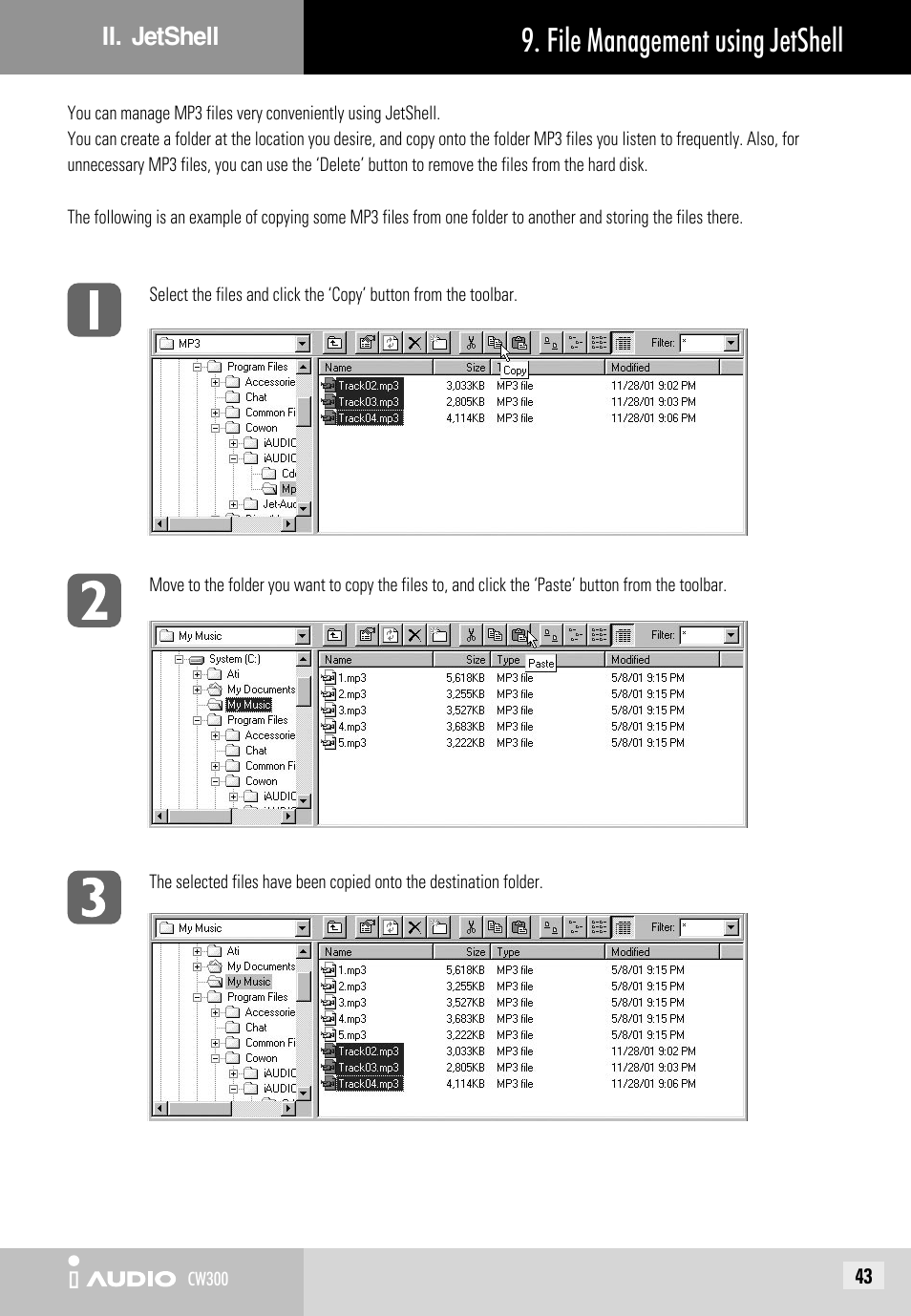 File management using jetshell | Cowon Systems CW300 User Manual | Page 43 / 56