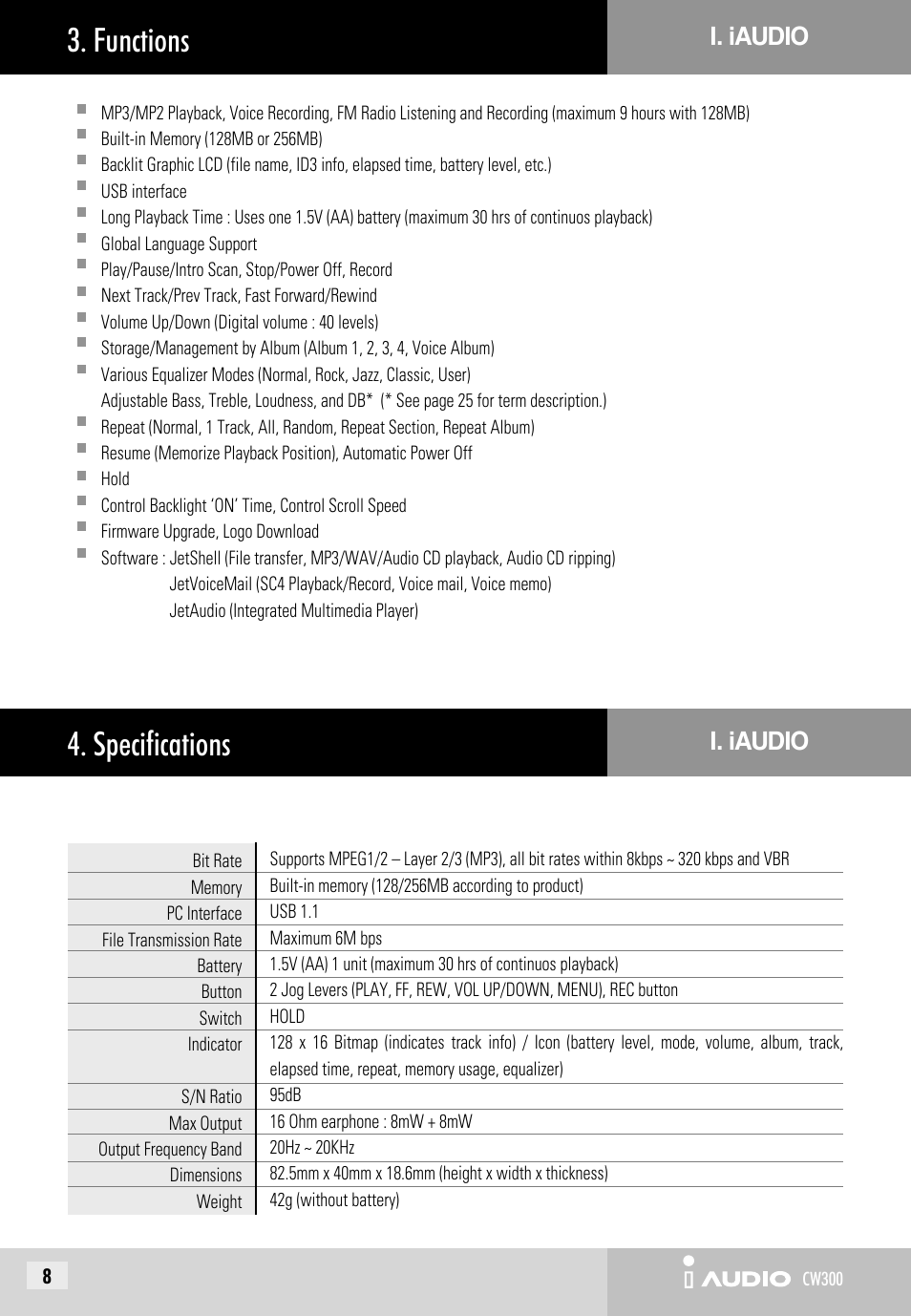 Functions, Specifications | Cowon Systems CW300 User Manual | Page 8 / 56