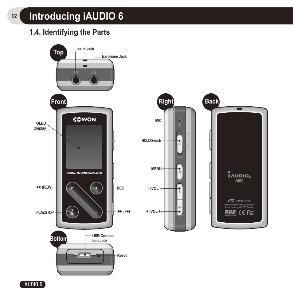 Introducing iaudio 6, Identifying the parts, Bottom top front right back | Cowon Systems 6 User Manual | Page 12 / 62