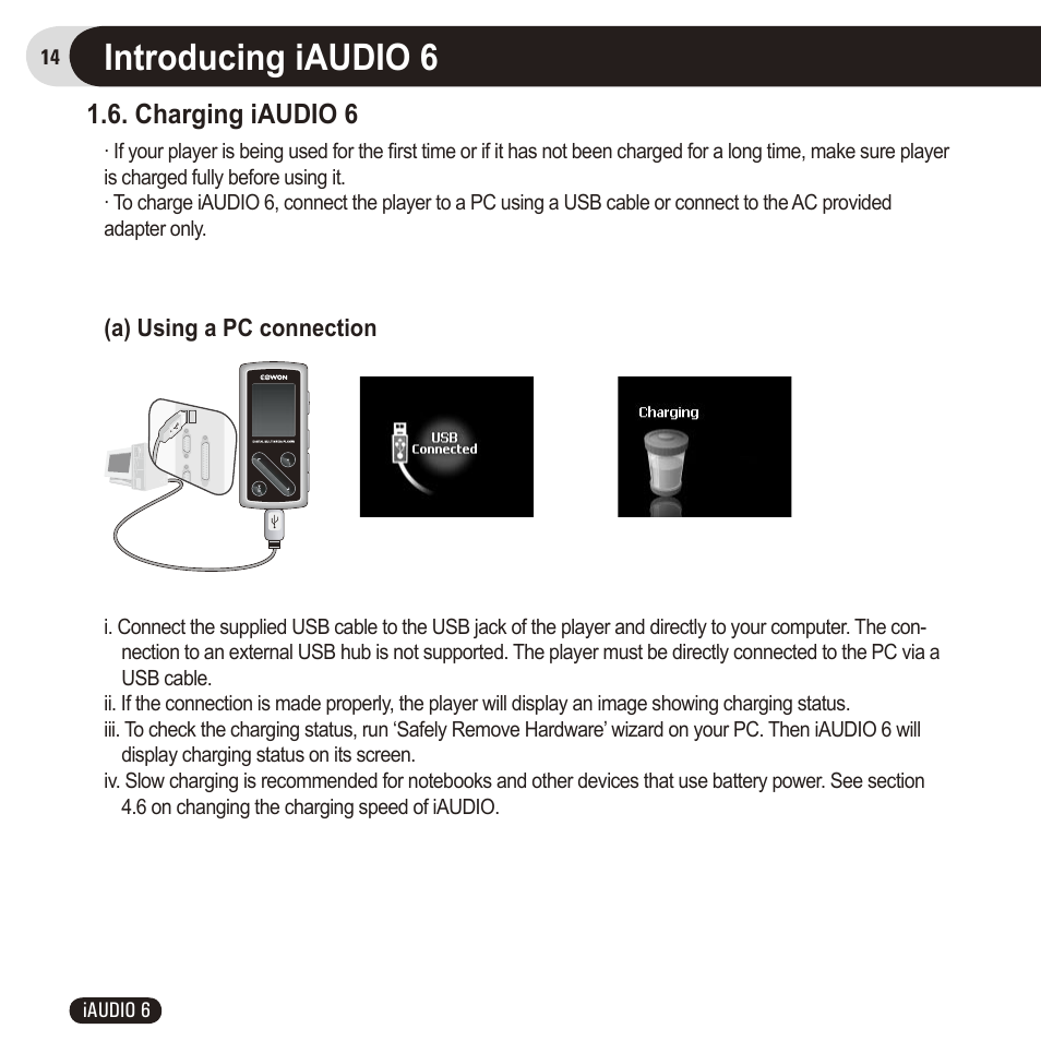 Introducing iaudio 6, Charging iaudio 6 | Cowon Systems 6 User Manual | Page 14 / 62