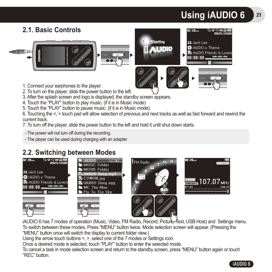 Using iaudio 6, Basic controls, Switching between modes | Cowon Systems 6 User Manual | Page 21 / 62